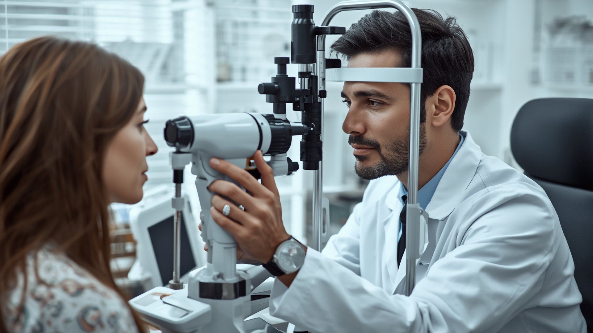 Óptica moderna: optometrista realizando examen visual con foróptero